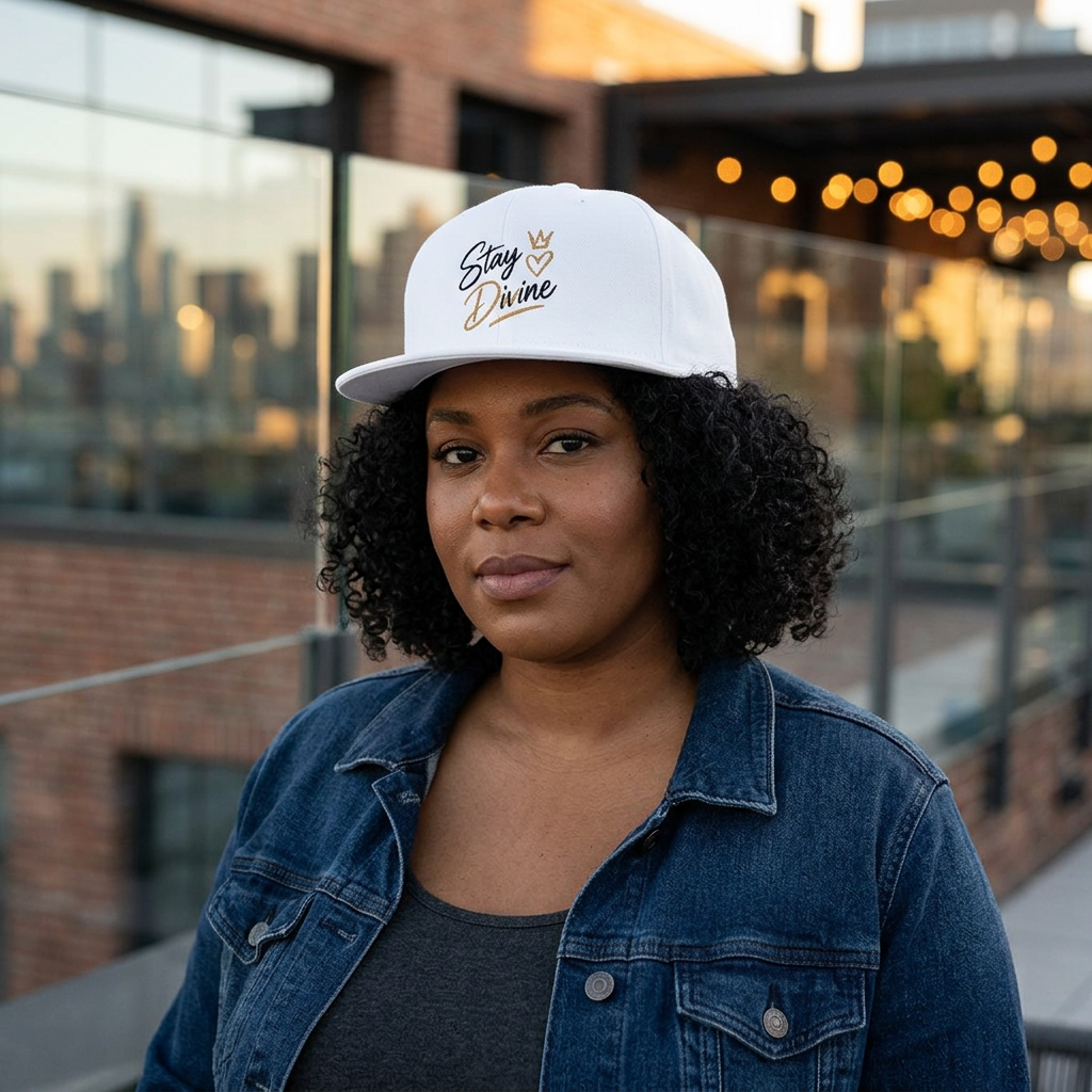 Stay Divine Snapback Hat — White Flat Bill Cap with Gold Script & Crown