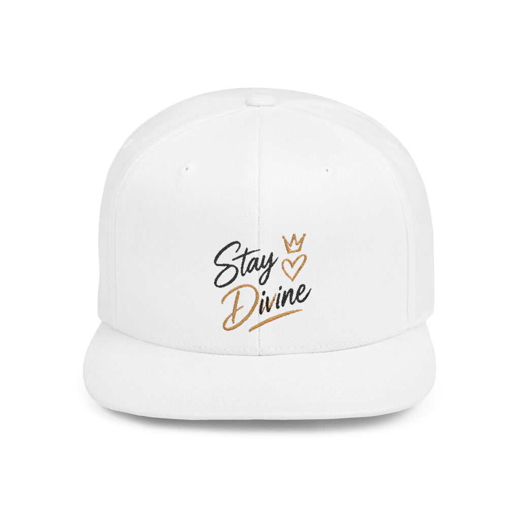 Stay Divine Snapback Hat — White Flat Bill Cap with Gold Script & Crown