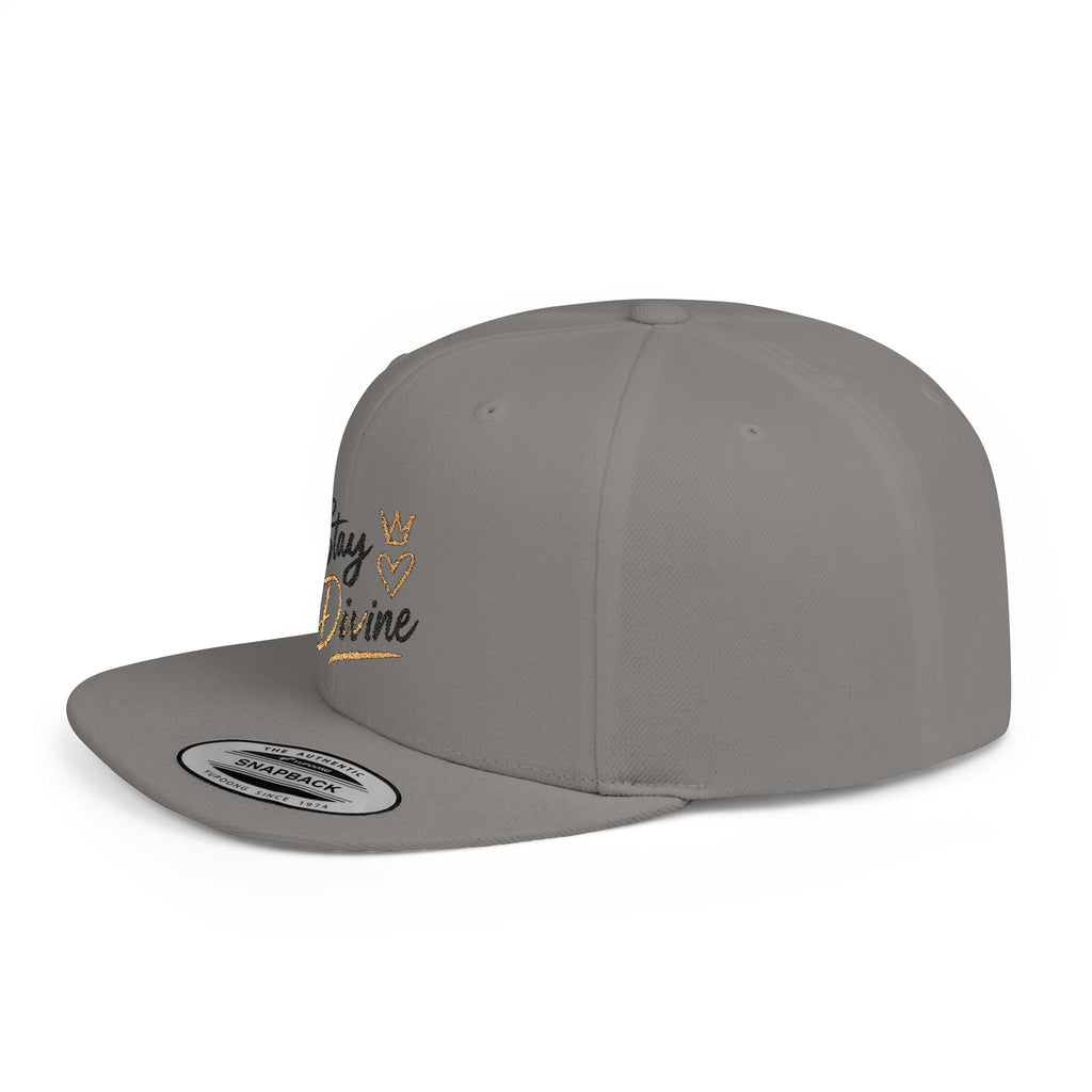 Stay Divine Snapback Hat — White Flat Bill Cap with Gold Script & Crown