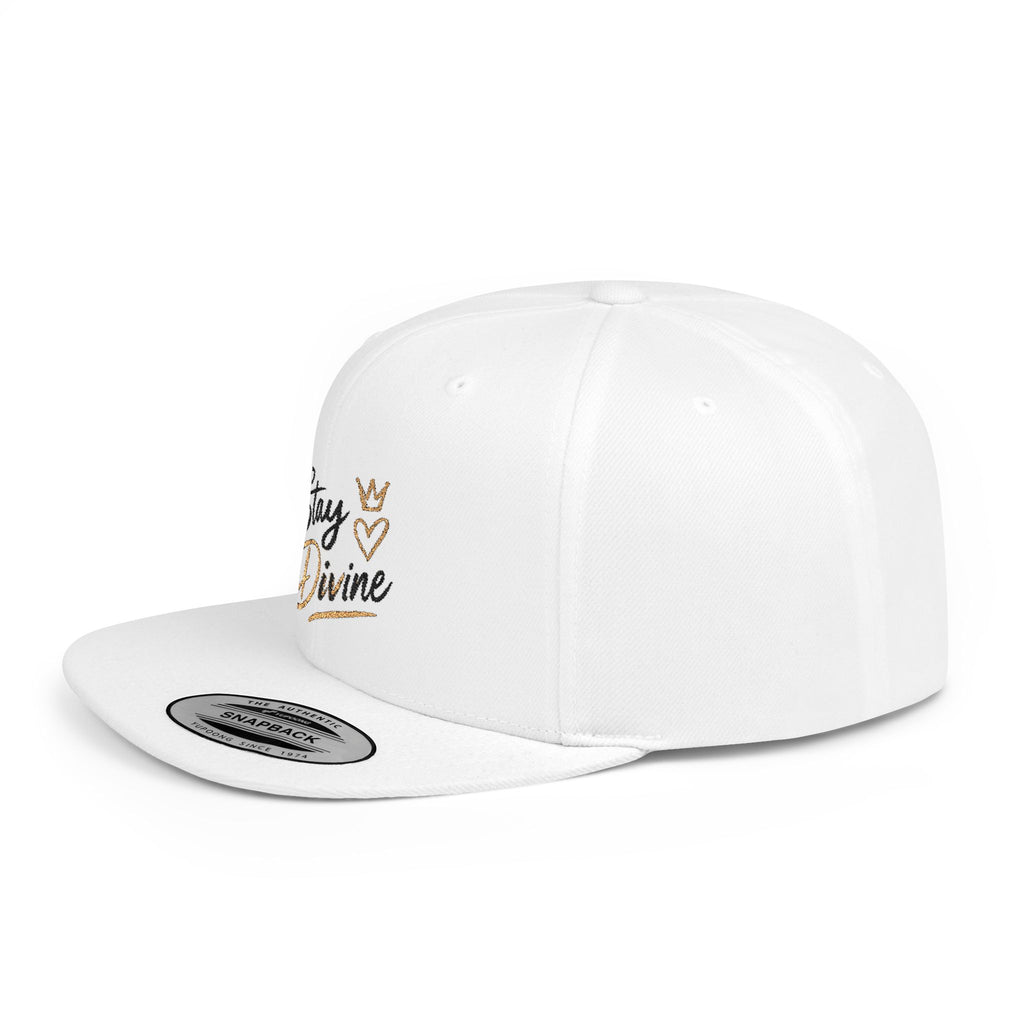 Stay Divine Snapback Hat — White Flat Bill Cap with Gold Script & Crown