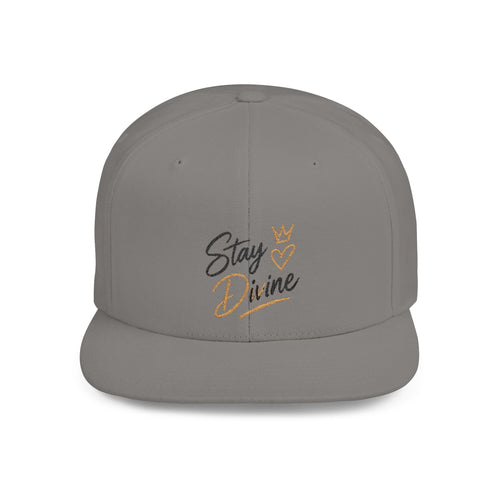 Stay Divine Snapback Hat — White Flat Bill Cap with Gold Script & Crown
